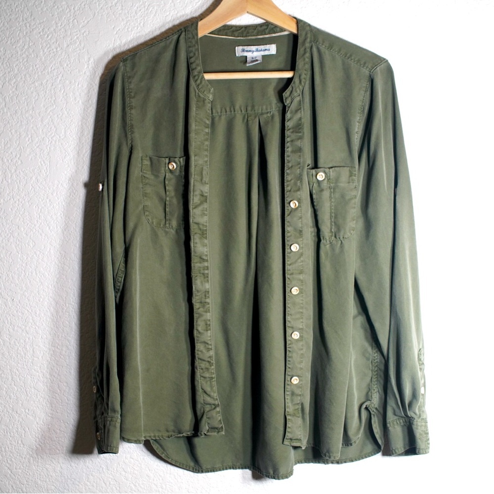 Tommy Bahama Shirt Women's SIZE Small PALM MOSS GREEN button down long sleeve - Picture 2 of 12